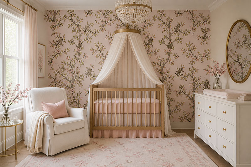 Small baby girl pink nursery with monkey wallpaper, crib canopy, cherry blossoms and white furniture