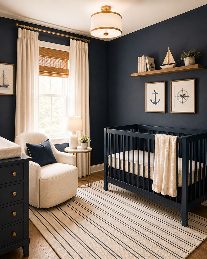 Small navy blue nursery with light crib and simple wall decor
