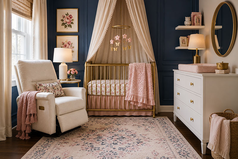 Small nursery layout with compact chair placement beside crib and dresser