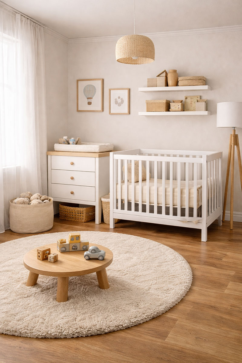 tiny nursery layout with crib along the wall and a compact dresser across the room