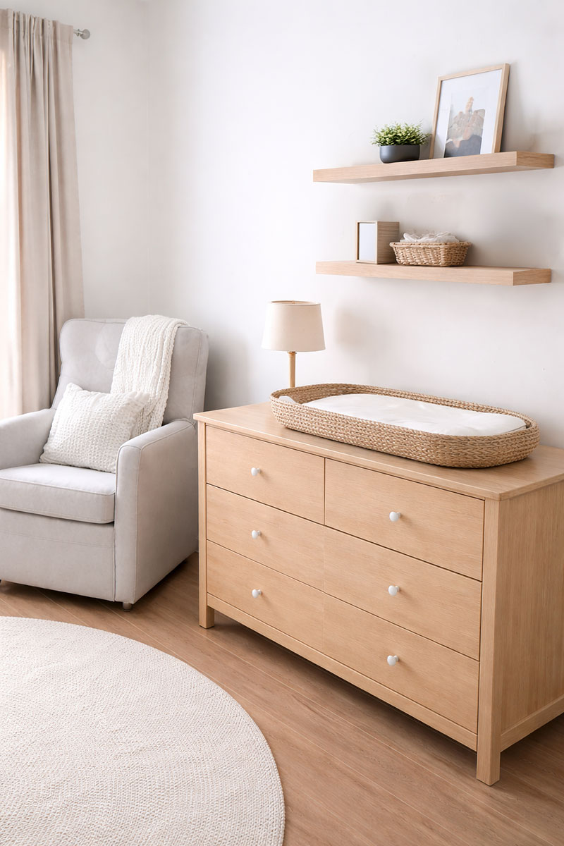 Small nursery dresser used as a changing station with pad and woven storage baskets