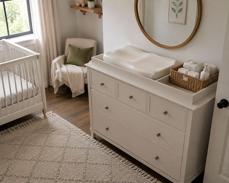 Small nursery layout with dresser used as changing station