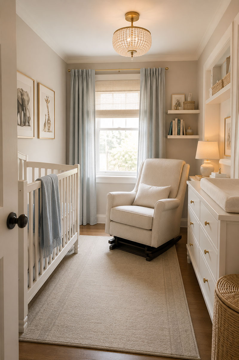 Compact nursery with glider chair and efficient furniture placement