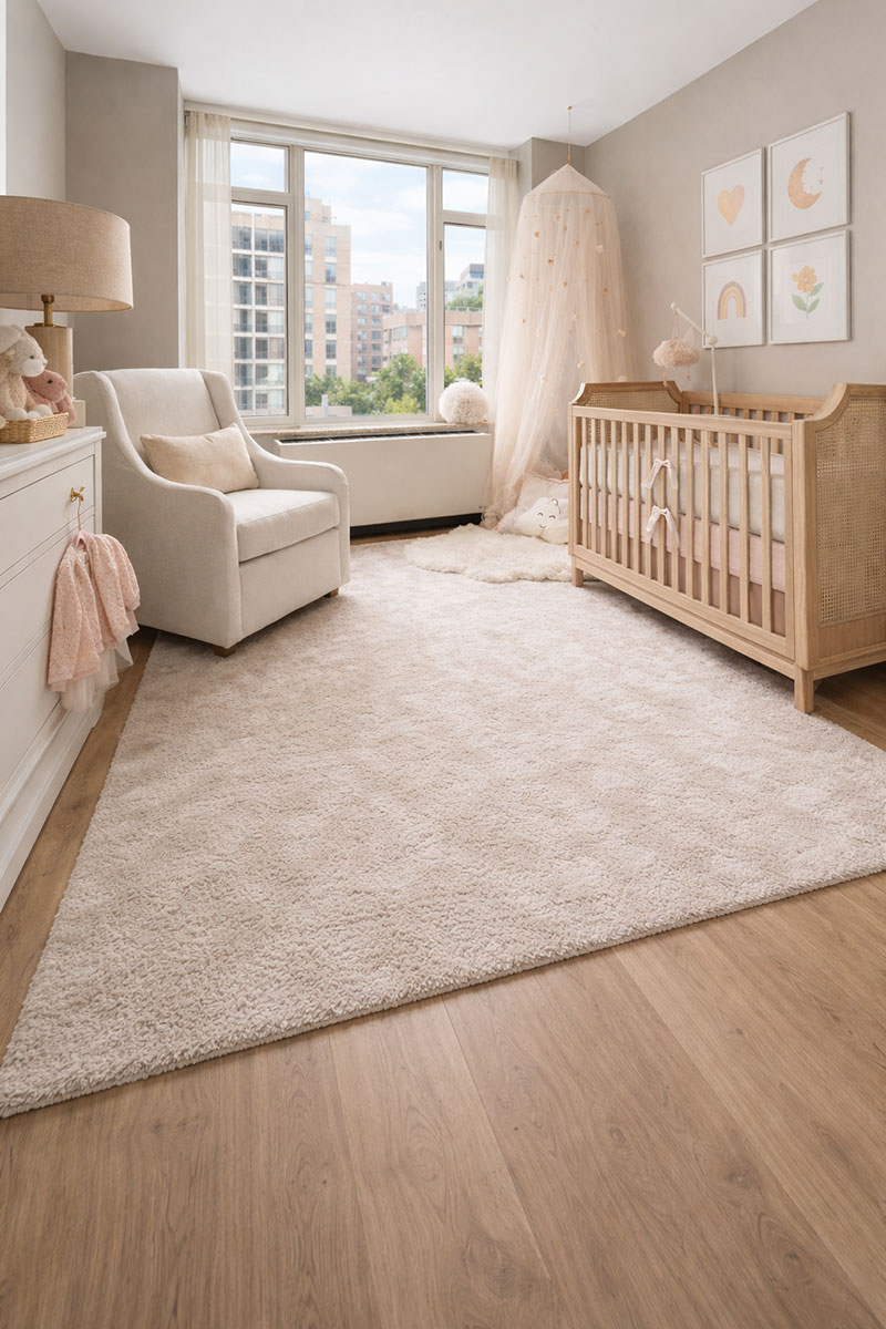 Small nursery layout with crib on interior wall and clear walking space