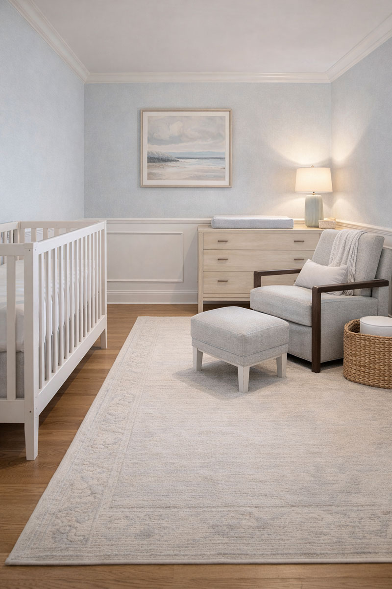 Small nursery layout with crib, compact dresser, and chair arranged to preserve open floor space