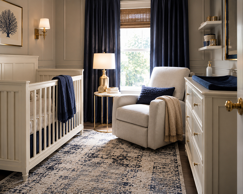 Modern nursery with recliner placed diagonally to improve floor space