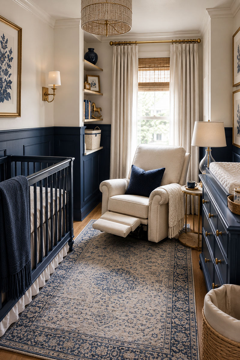 Compact nursery recliner layout beside mini crib and dresser