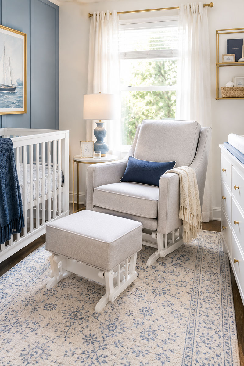 Small nursery glider chair beside a crib and dresser
