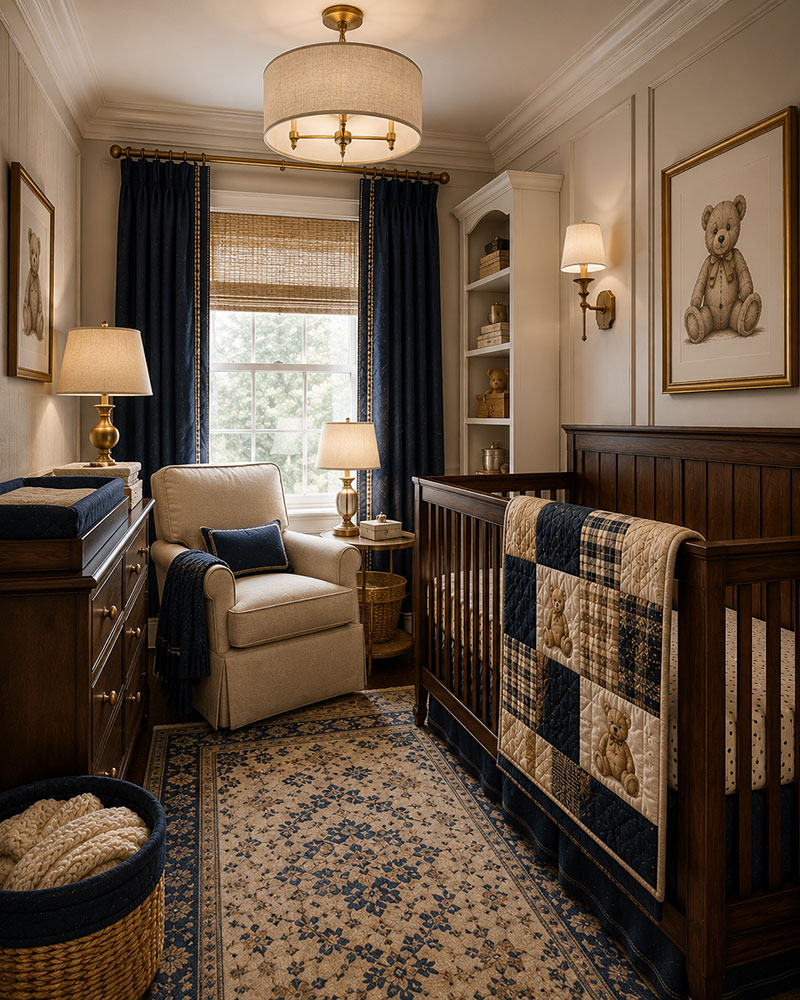 Small teddy bear nursery with compact furniture and editorial room styling