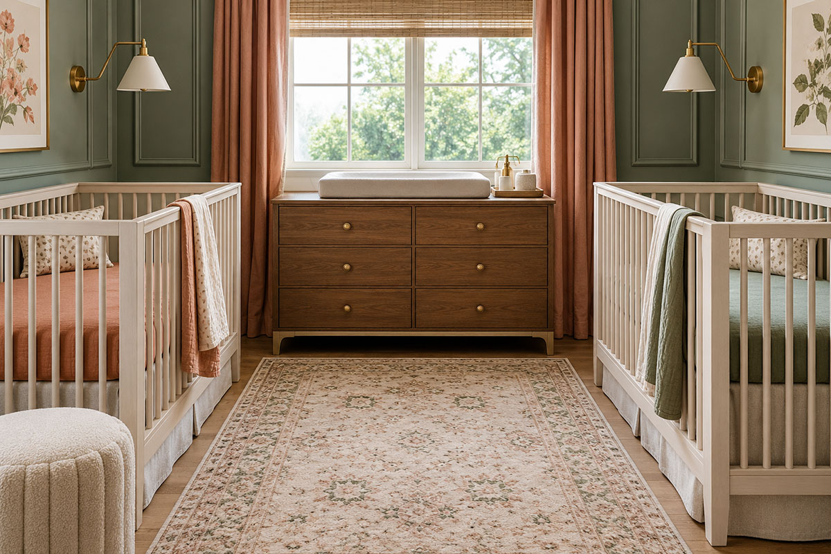 Small twin nursery layout with two cribs, one shared dresser and a clear central walking path