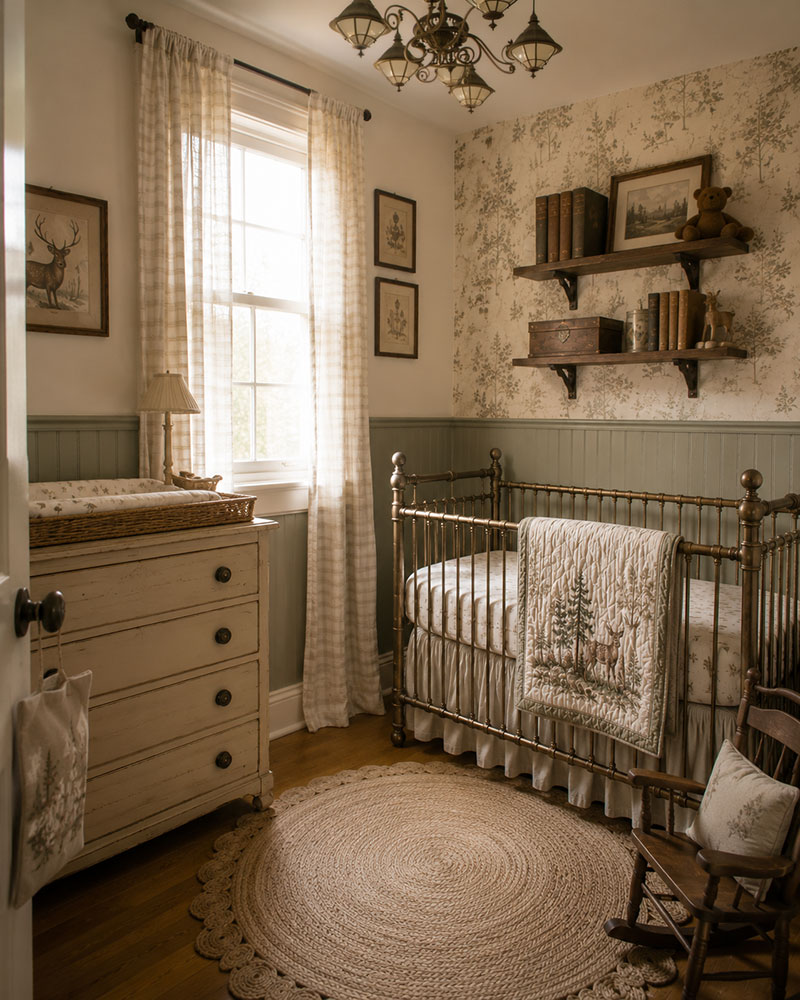 Small luxury vintage woodland nursery with layered lighting and compact furniture