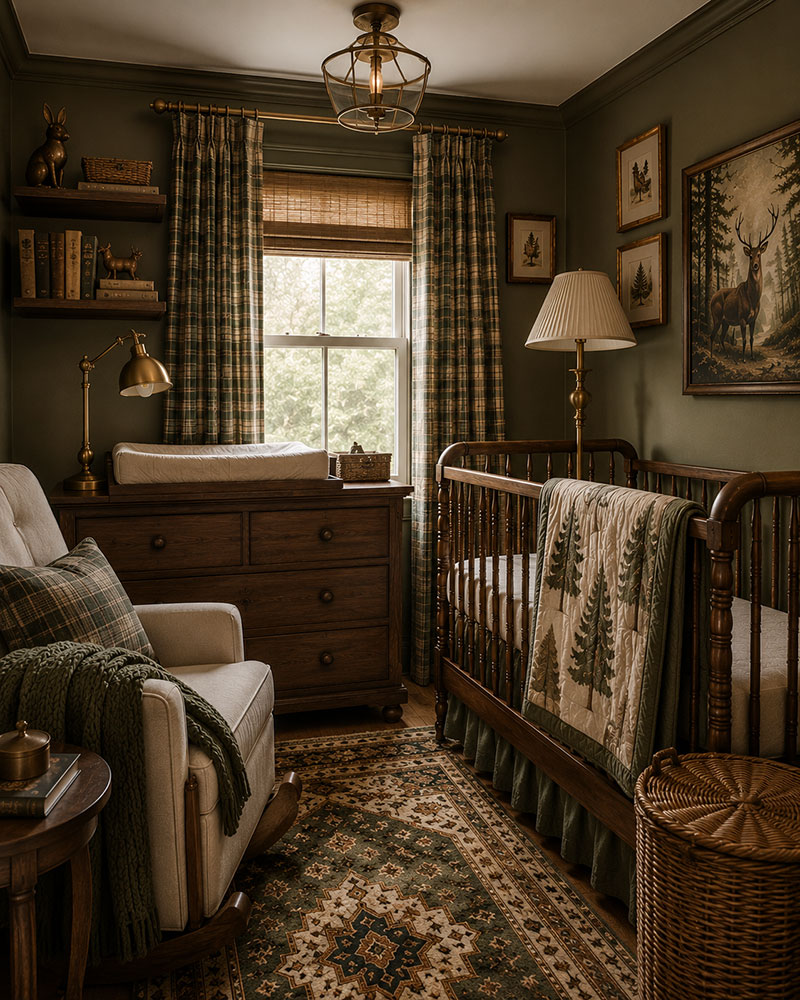 Small vintage woodland nursery with layered artwork, spindle crib, and collected antique style decor