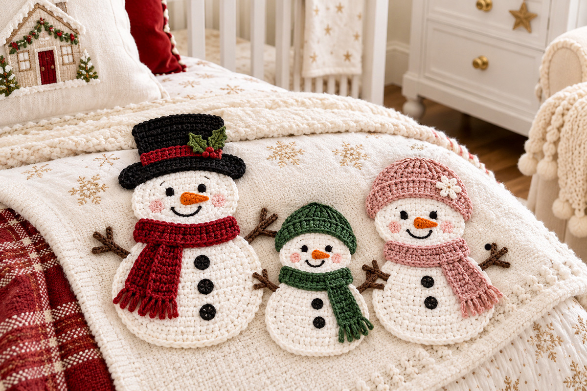 Dad Mom and little snowman crochet applique family with winter hats and scarves