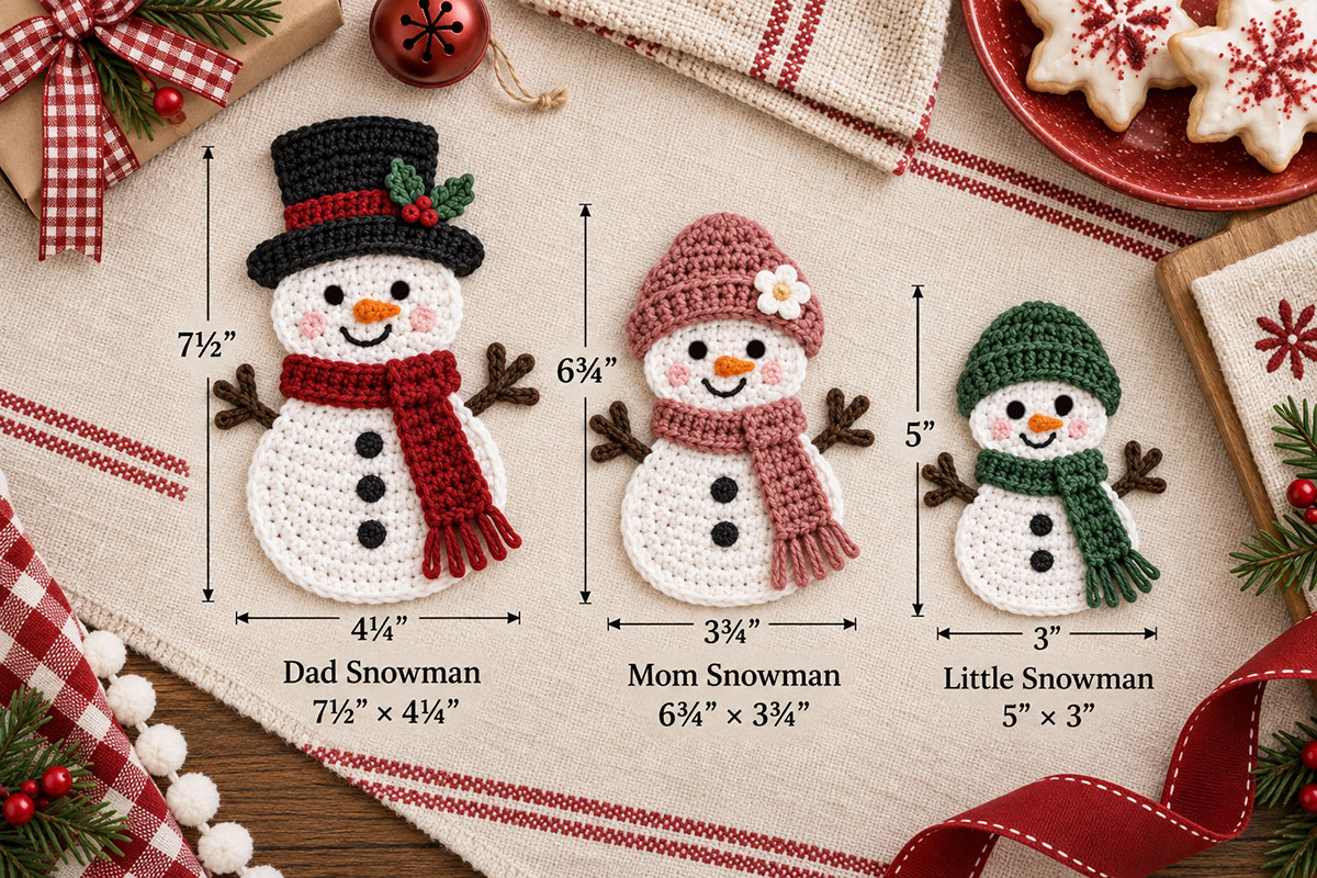 Finished Dad Mom and little snowman crochet appliques shown together in three different sizes