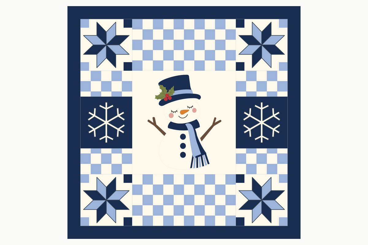 Snowman baby quilt construction diagram showing four blue pinwheel stars two navy snowflake blocks icy-blue and ivory checkerboards and central snowman fabric applique