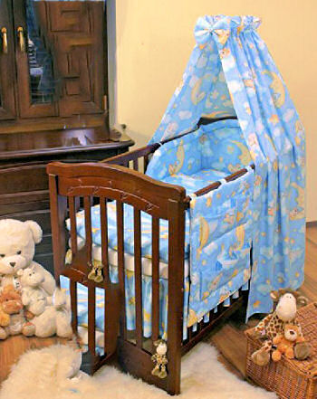 Baby blue and yellow bear moon and stars crib bedding set with canopy for a boy nursery