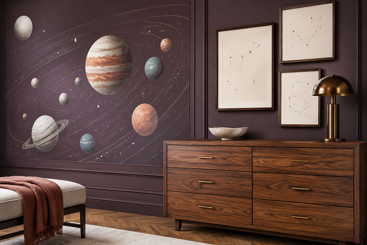 Space nursery wall with a painted solar system mural, framed constellation art and a walnut dresser