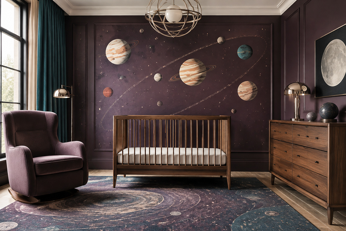 Sophisticated space themed nursery with planets, stars and celestial decor arranged around a modern crib