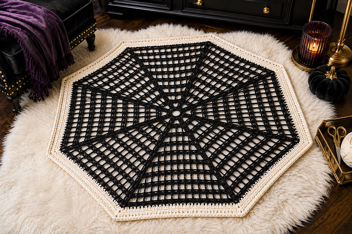 Spiderweb crochet blanket viewed from an angled overhead position showing the open web pattern meeting a three-round solid outer border