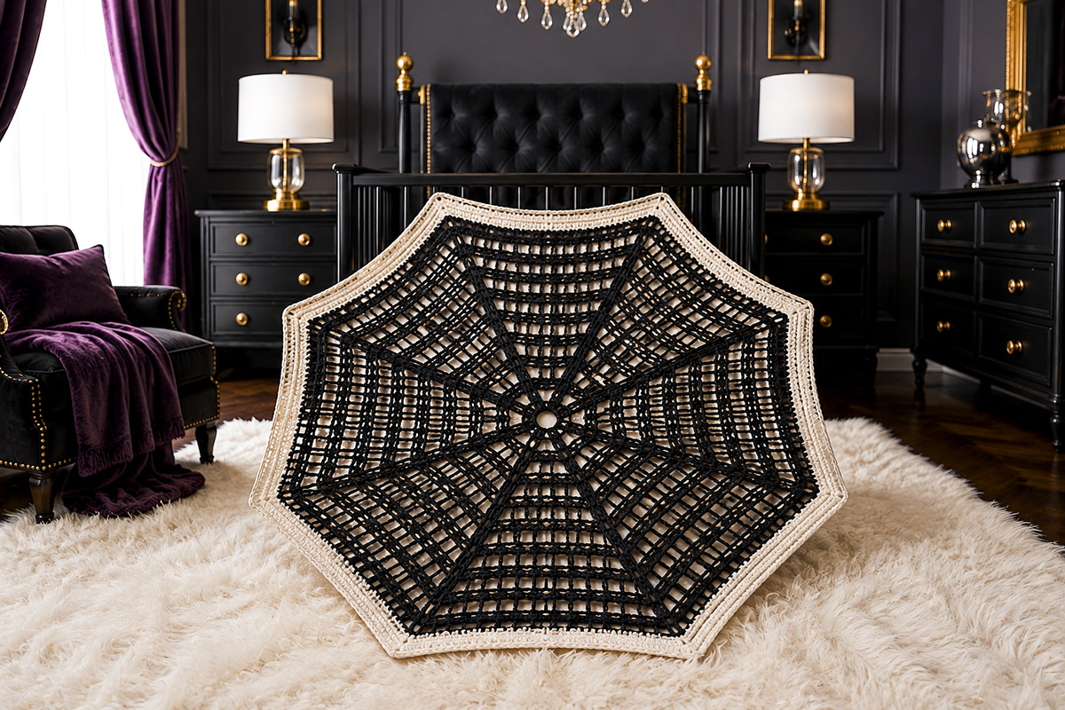 Finished spiderweb crochet blanket with an open radial web pattern for a Halloween baby blanket
