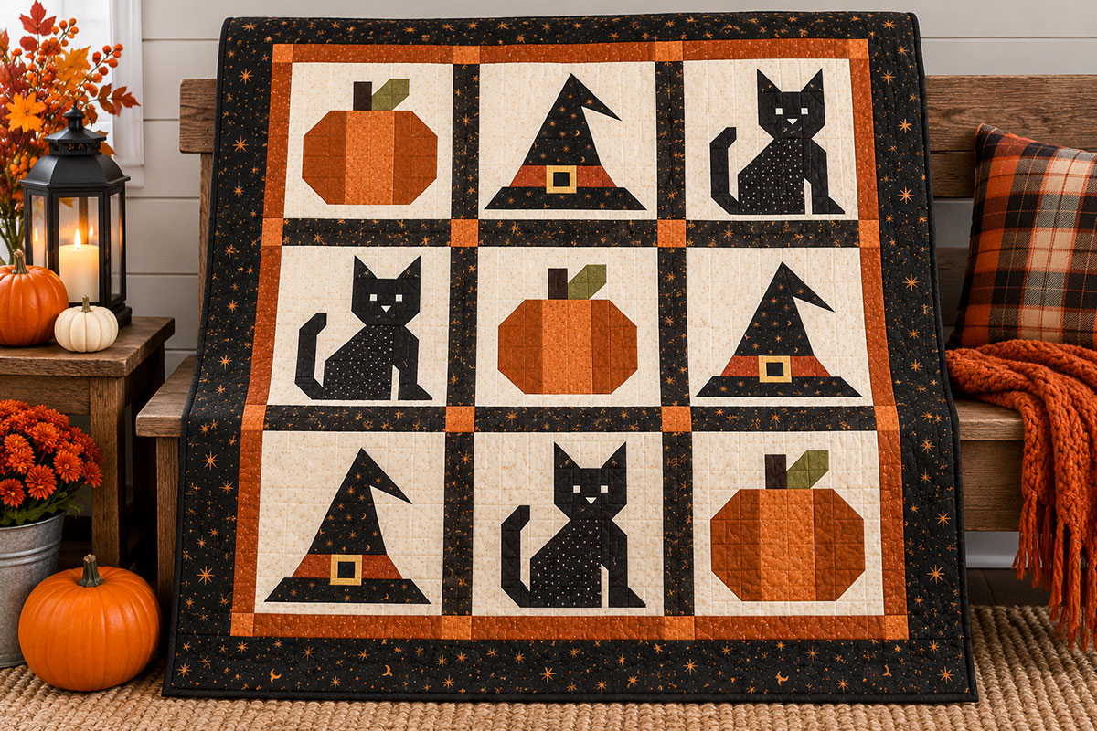 Spooky Halloween patchwork quilt with pieced pumpkins black cats and witch hat blocks