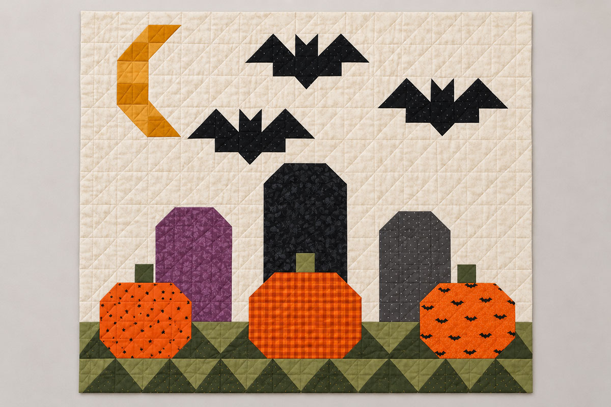 Large cream Halloween patchwork medallion with a geometric gold moon, three black bats, three tombstones, three orange pumpkins and olive ground