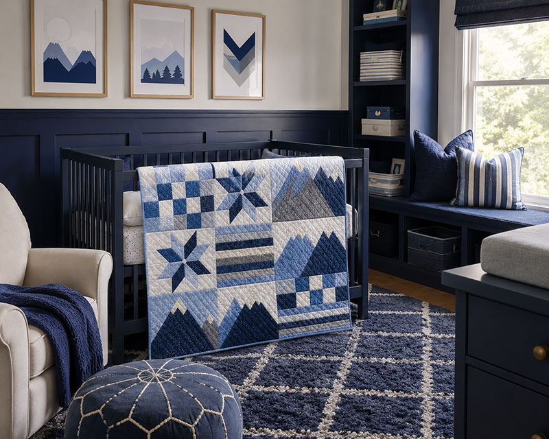 Mountain patchwork crib quilt displayed inside a sporty modern nursery