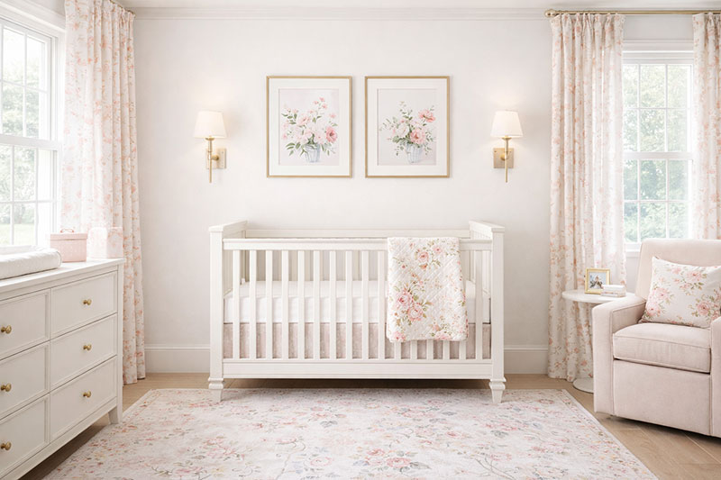 crib placed along a solid wall in a square nursery layout
