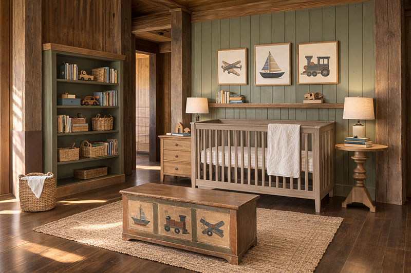 balanced square nursery layout with crib dresser and chair arranged evenly