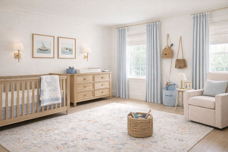 square nursery layout showing open floor space and balanced furniture