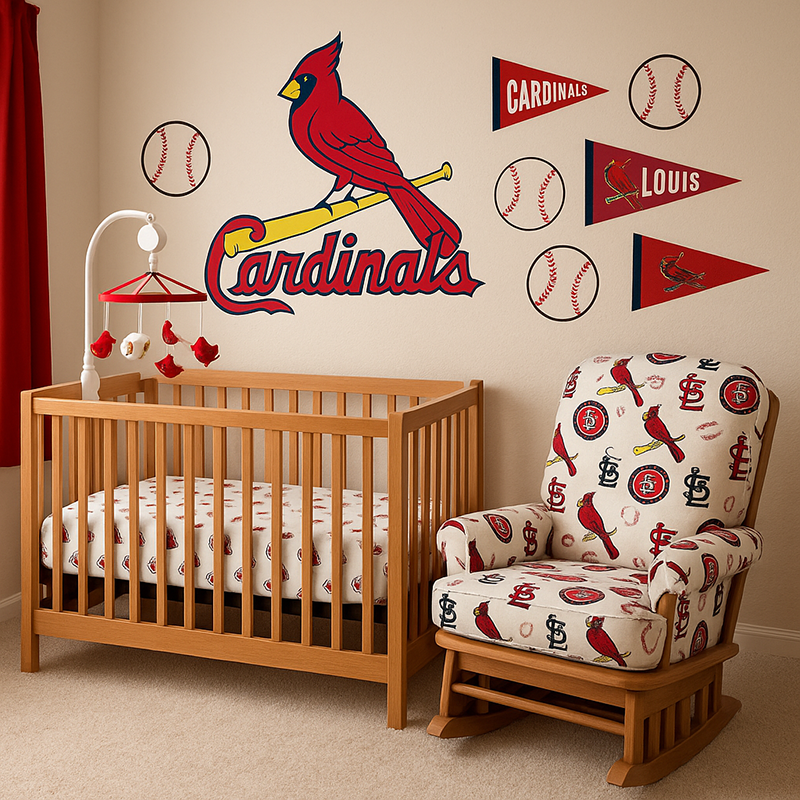 St. Louis Cardinals baby nursery with warm wood crib, themed mobile, and glider chair upholstered in team fabric, with wall decals and pennants in red and white