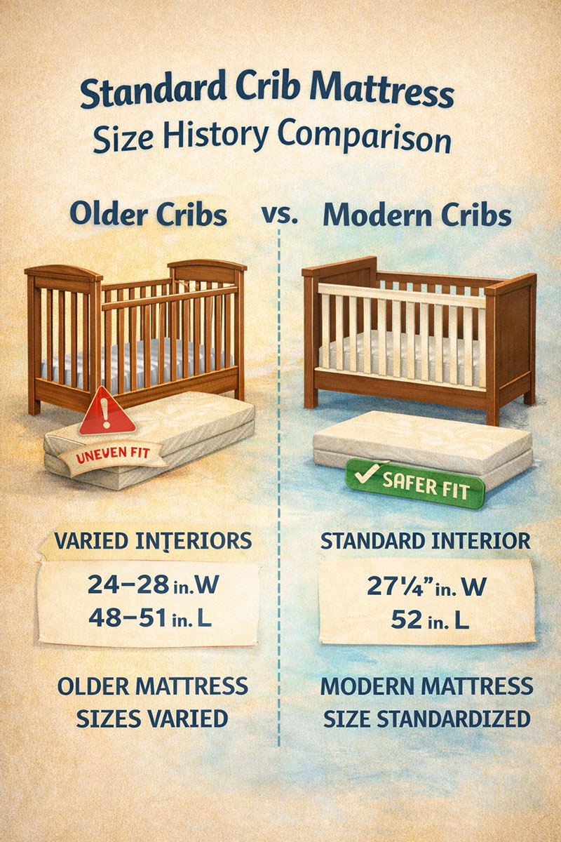 Standard crib mattress size history comparison showing how older crib interiors varied more than modern standardized designs