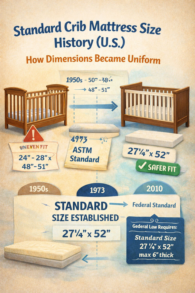 Standard crib mattress size history showing evolution of U.S. crib mattress dimensions over time