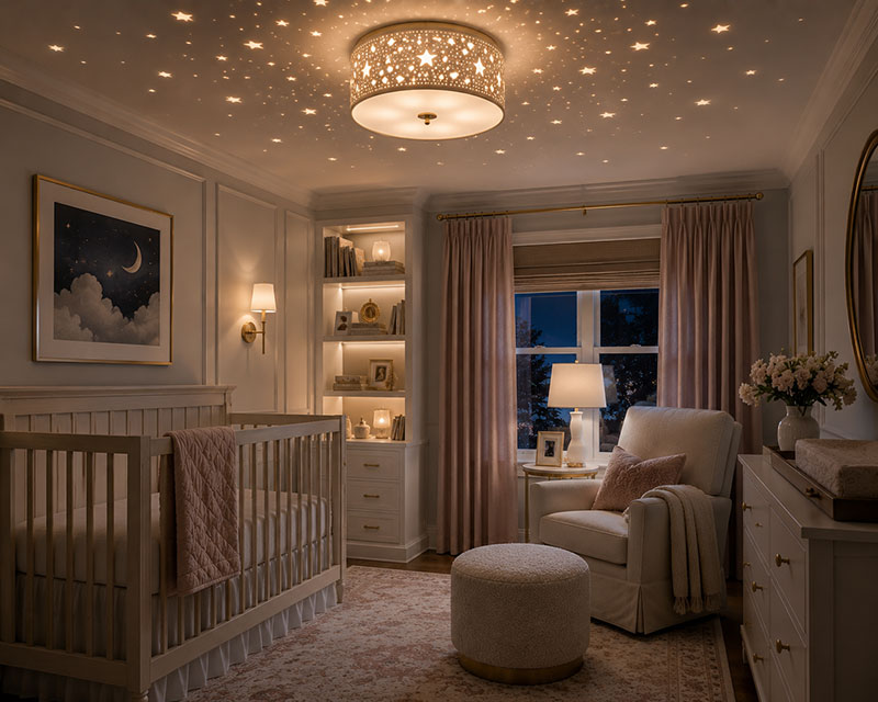 star nursery ceiling light glowing at night