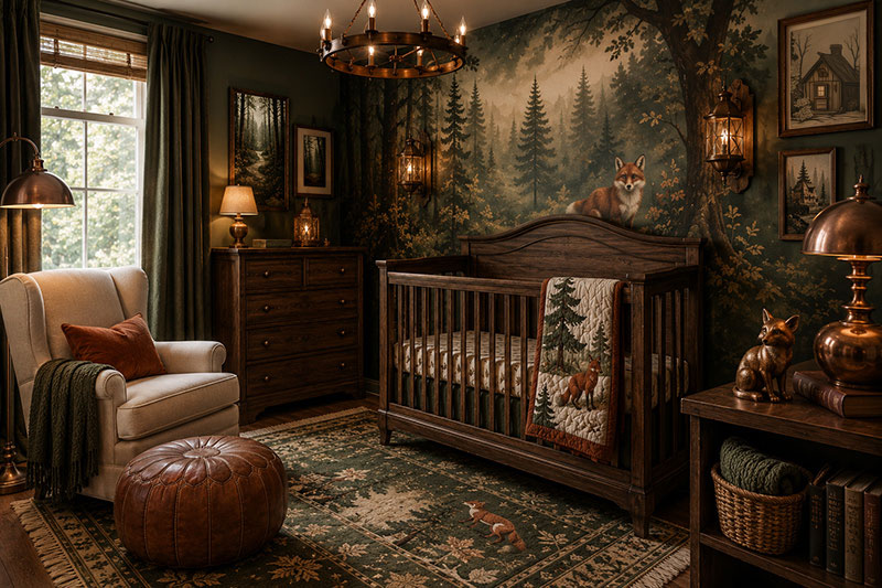 Storybook fox woodland nursery with rustic wood crib, forest wallpaper, copper accents, and one red fox wall print