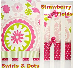 Strawberry fields red pink chartreuse green and white baby girl nursery crib bedding set