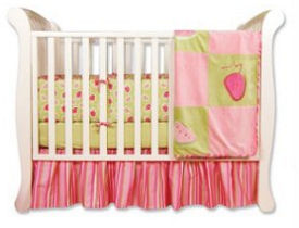 Pink green and white baby girl strawberry baby bedding crib set for a fruit theme nursery room with <br>stripes