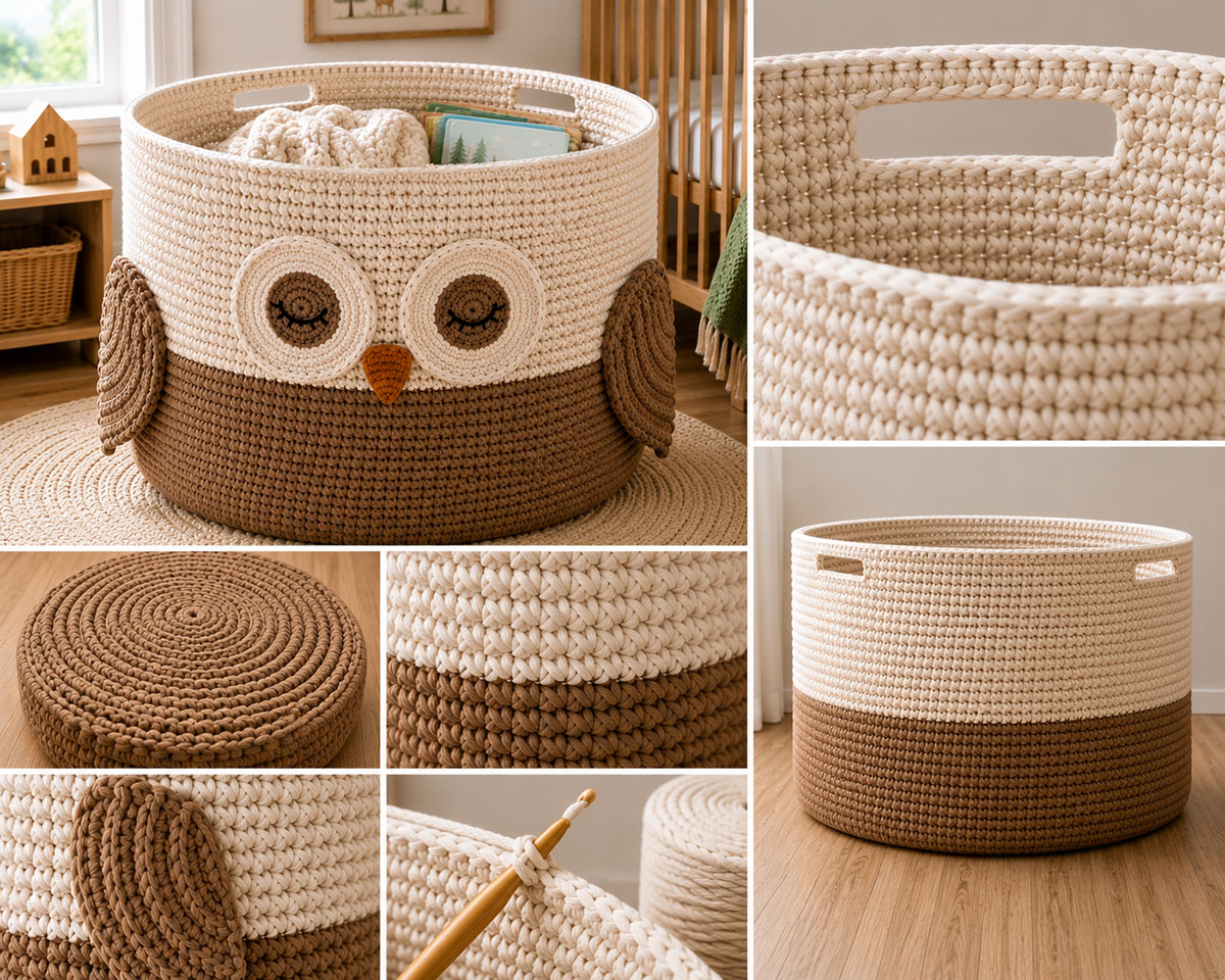Large handmade crochet storage baskets showing dense walls, reinforced rims and raised handles