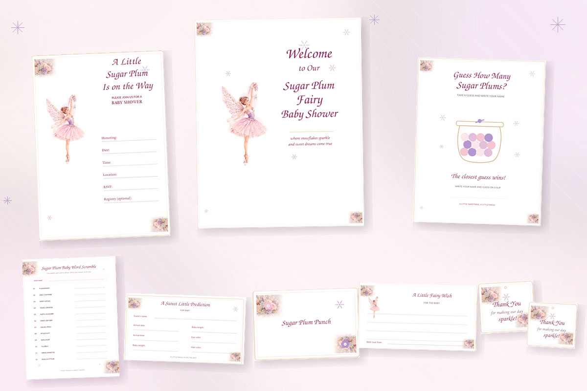 Coordinated Sugar Plum Fairy baby shower printable invitation welcome sign game cards food labels and favor tags in blush and lavender