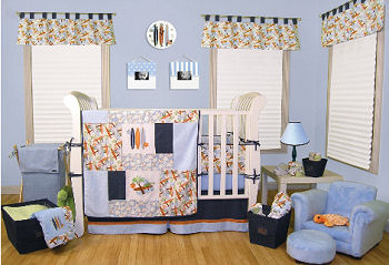 Baby surfer boy surf theme nursery crib bedding set and decor in blue
