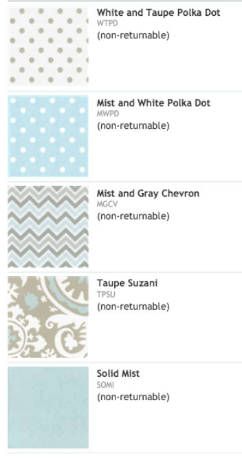 Taupe blue white color coordinated custom baby bedding fabrics