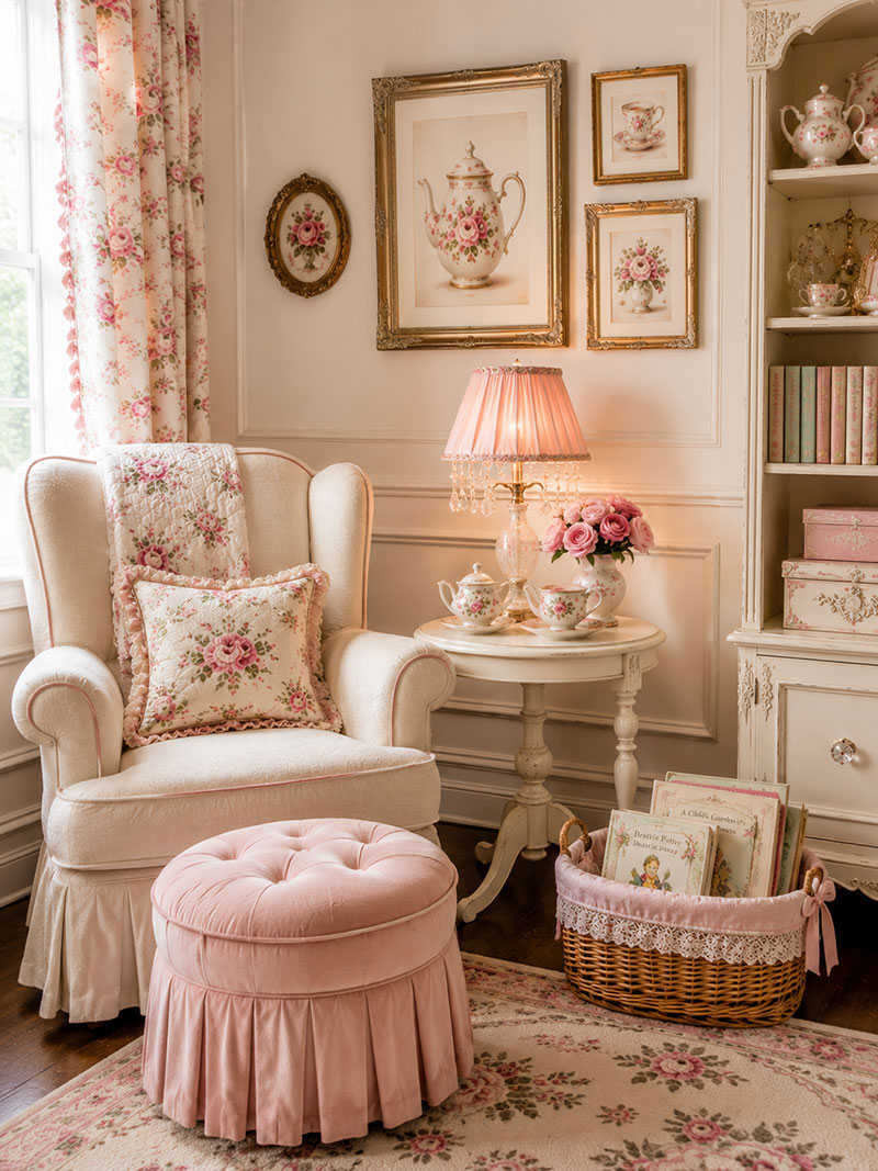 Tea party nursery reading corner with upholstered chair, round side table, framed teapot art and organized board books