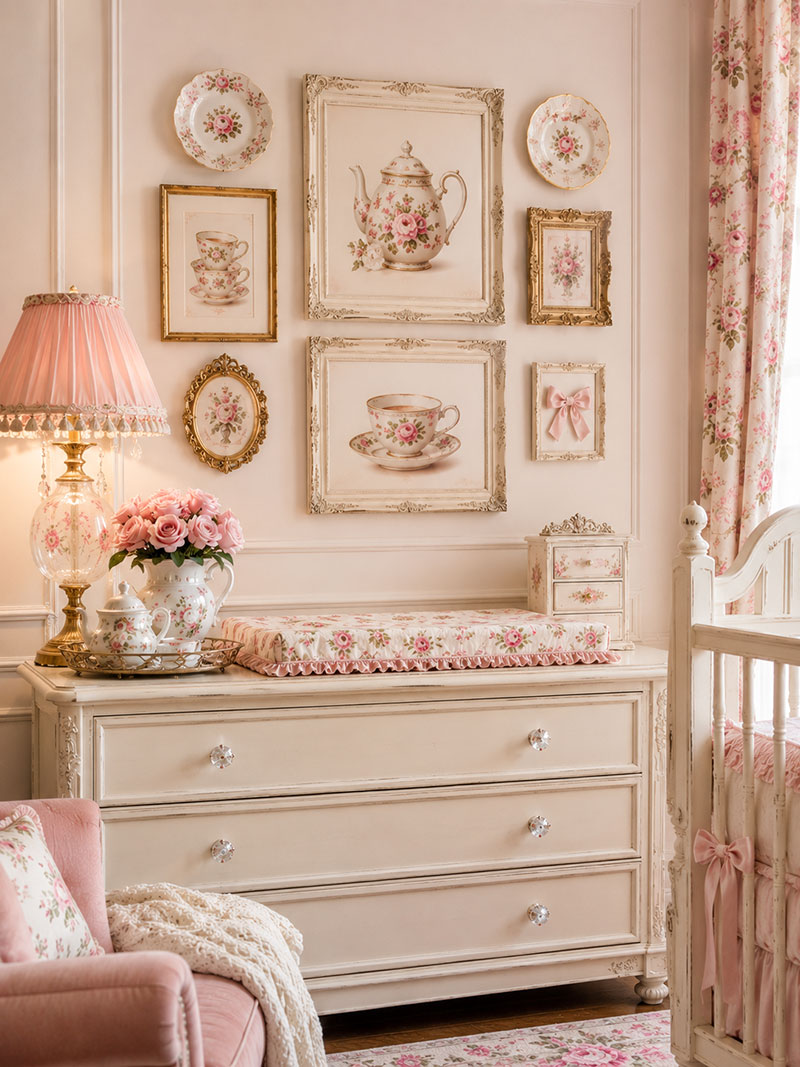 Tea party nursery wall decor with framed teacup art, floral prints, painted dresser and nursery lamp