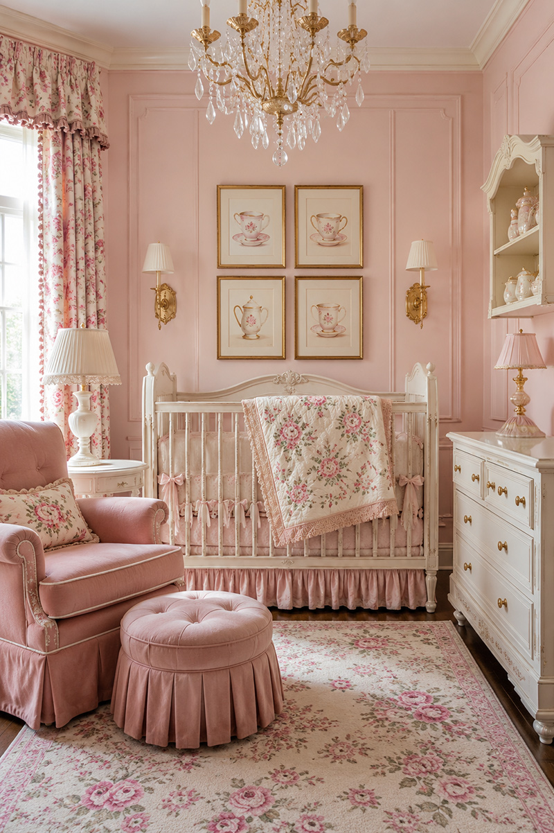 Tea party theme nursery ideas with English garden decor, vintage teacups, floral bedding and soft feminine nursery colors