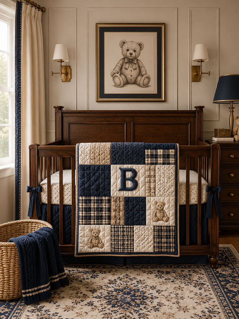 Magazine quality teddy bear nursery crib bedding with stitched quilt styling