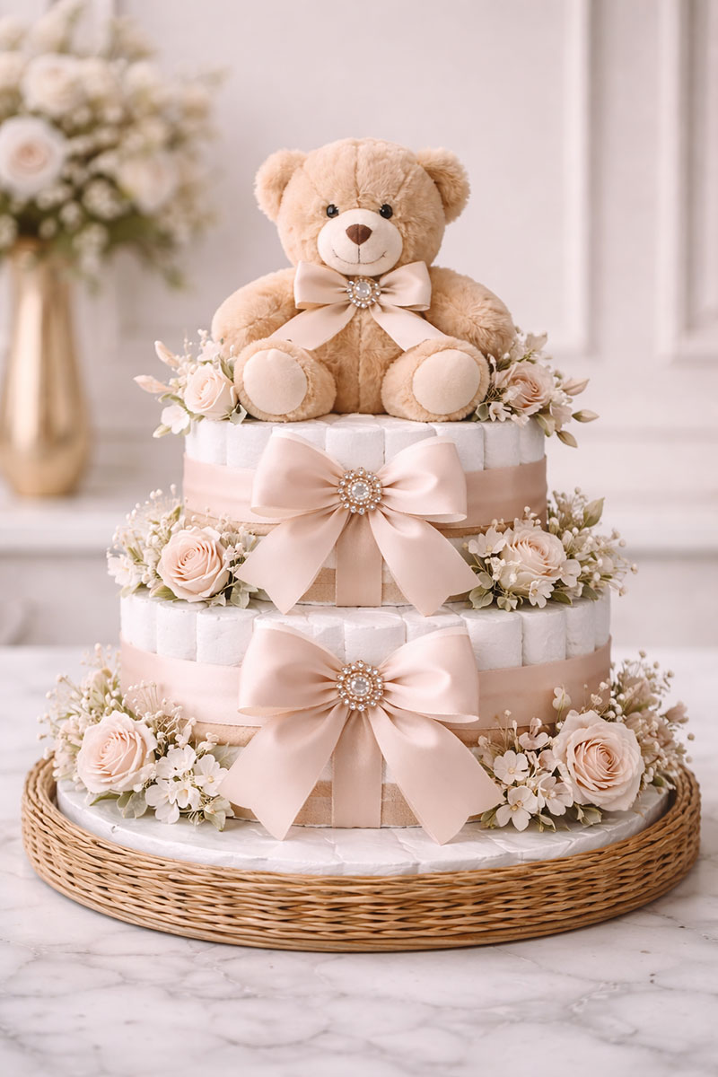 teddy bear diaper cake baby shower centerpiece with soft neutral colors