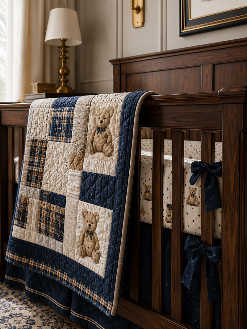 Close nursery crib detail with layered teddy bear nursery fabrics