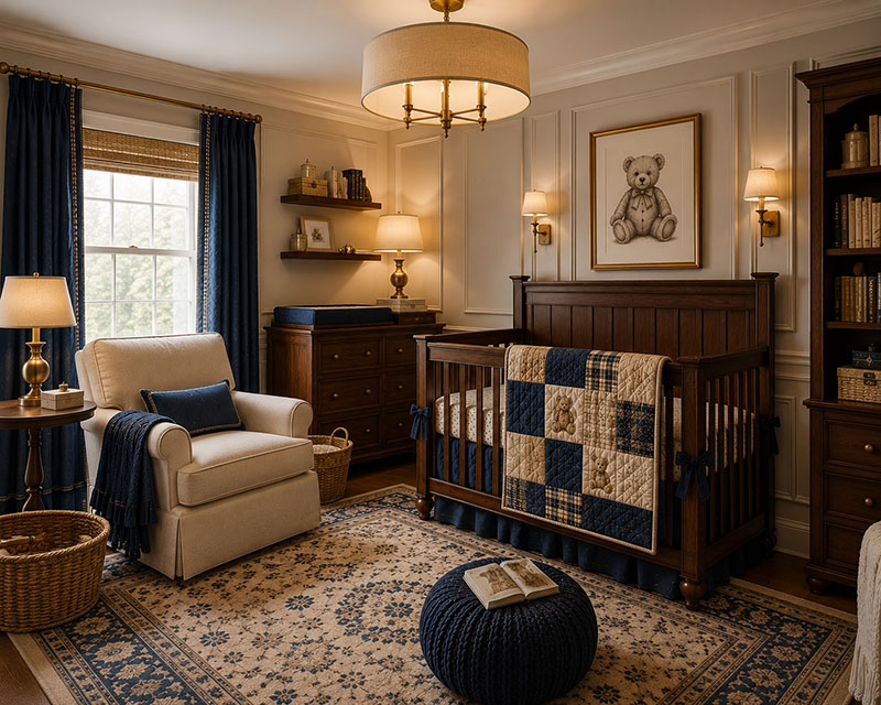 Finished teddy bear nursery with layered nursery textures and upscale styling