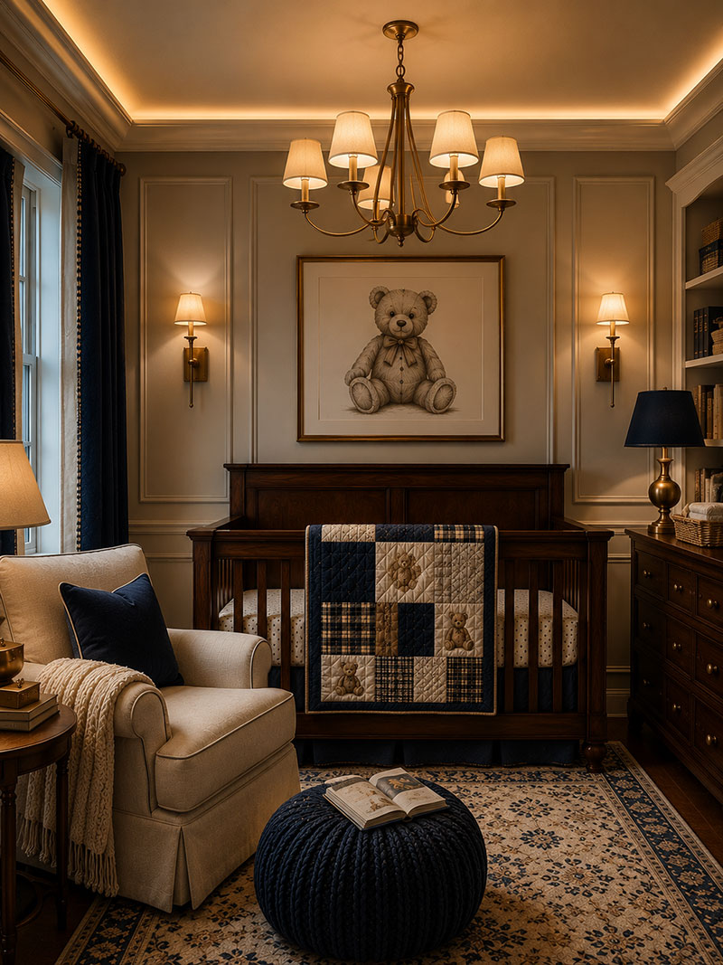 Luxury teddy bear nursery lighting with bronze chandelier and evening nursery atmosphere