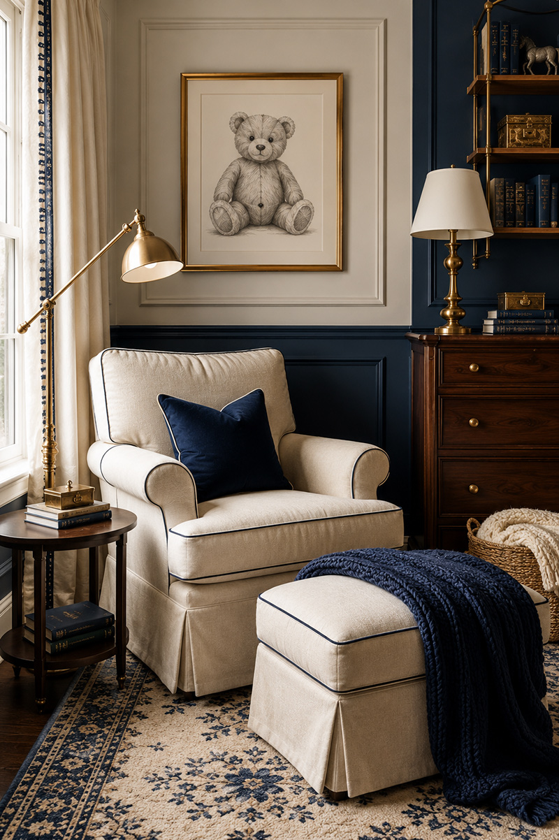 High end teddy bear nursery reading corner with paneled walls and brass nursery lighting